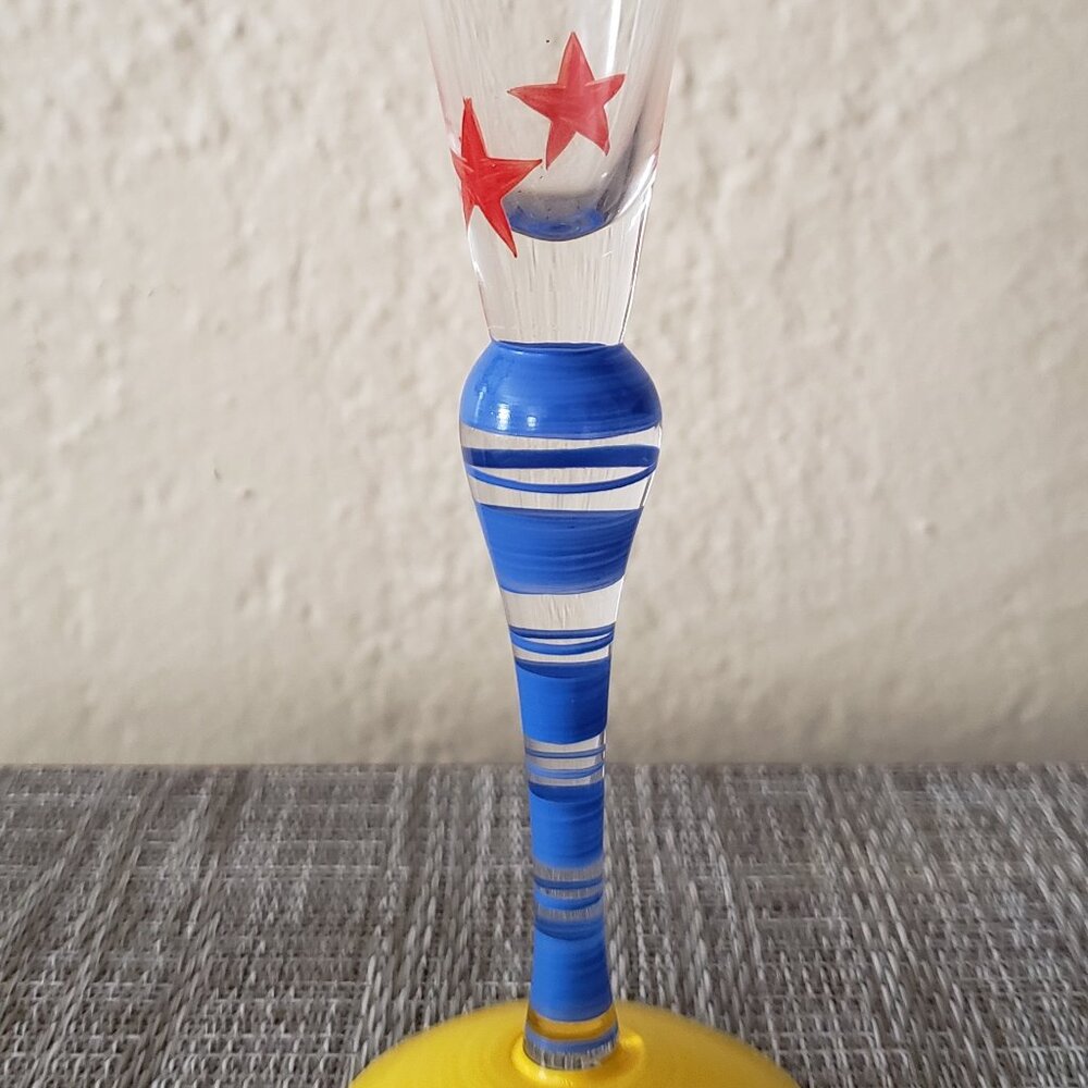 Vintage Orrefors Sweden Anne Nilsson Clown Cordial Flute Red Stars Blue Stripes